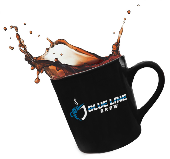 Blue Line Brew Logo on a cup of coffee